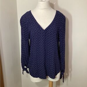 NWOT Maeve Anthropologie Blouse Rayon Tie Sleeve BOHO Scatter Dot Print Blue